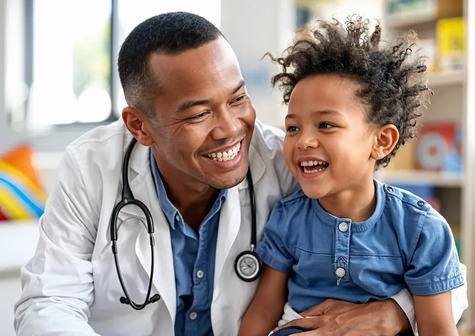A smiling paediatrician interacts with a happy young patient in a warm and welcoming clinical setting, fostering trust and care.